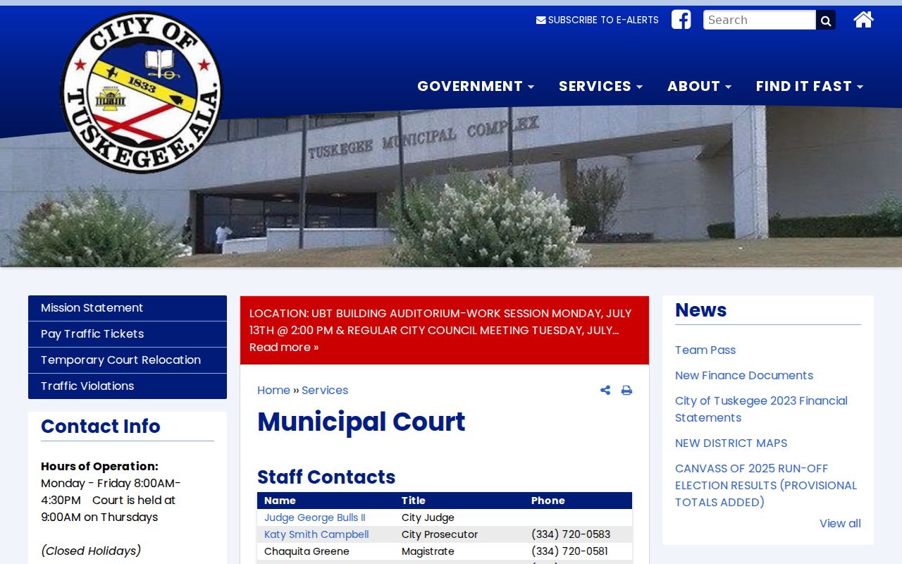 Tuskegee criminal records municipal court address and calendar
